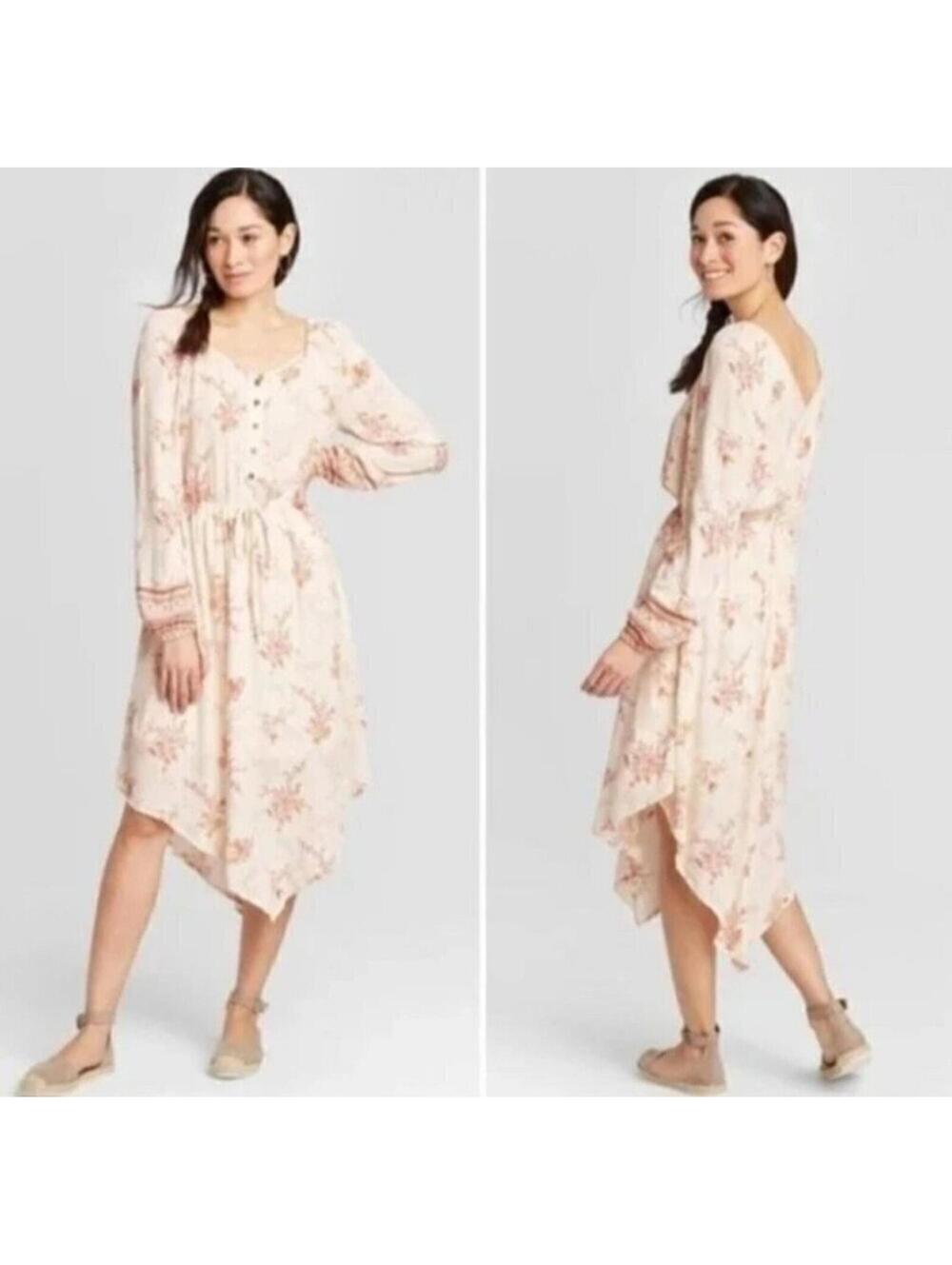 NWT Knox Rose Boho Peasant Dress Womens SMALL Beige Pink Gauze Long Sleeve